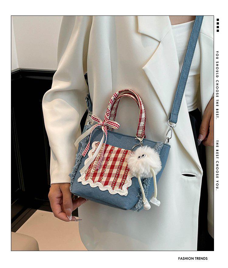Korean Style Plaid Lace Bucket Handbag - Cute Bow Crossbody