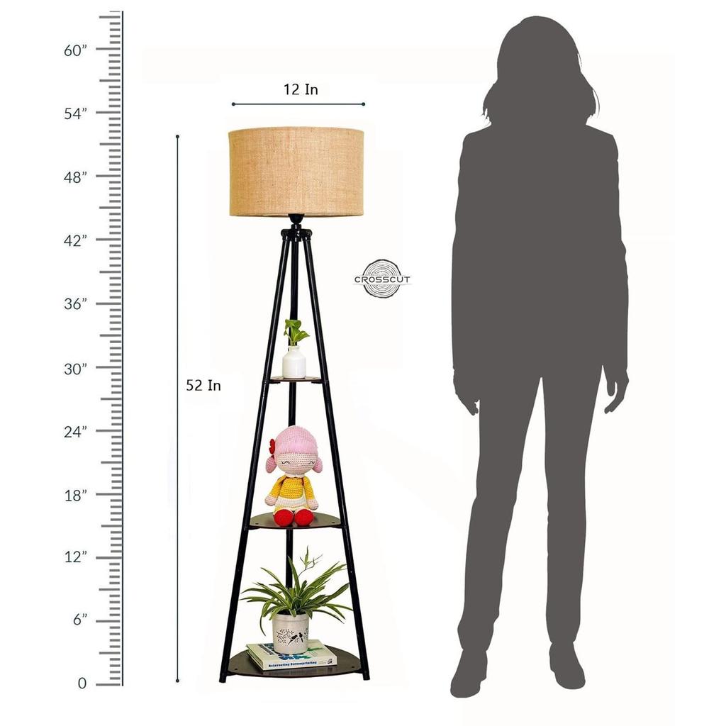 Furniture LED Tripod Floor Lamp with 3 Shelves, Brown Jute, Metal Corner