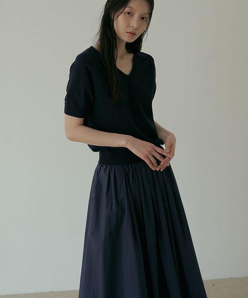 Lingseoul Rayon Blended Shirring Skirt-Navy