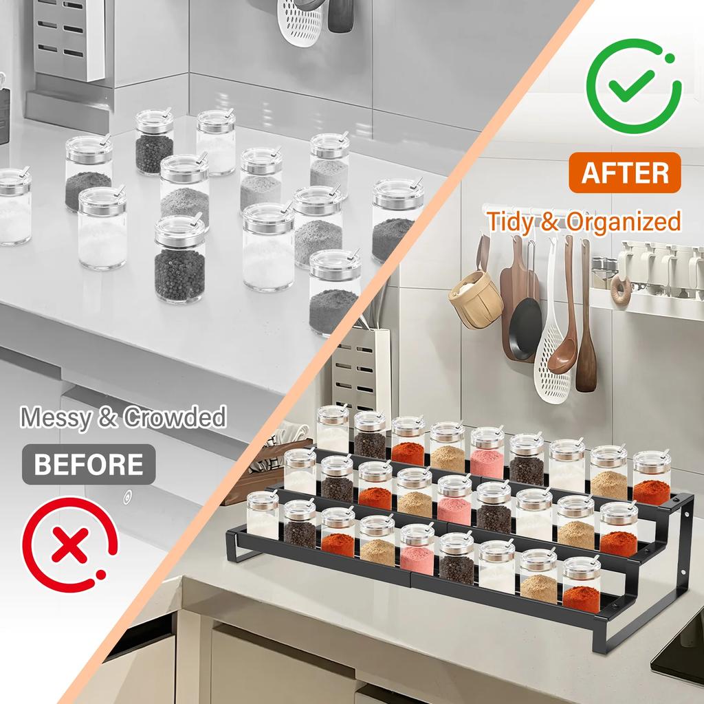 3 Tier Expandable Kitchen Storage Rack Carbon Steel Spice Bottle Rack With Fence Telescopic Seasoning Jar Organizer for Home