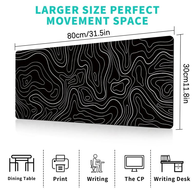 1Pcs Gaming Mouse Pad Large Keyboard Pad 31.5 X 11.8in Topographic Mouse Pad Black and White Mouse Pad for Keyboard