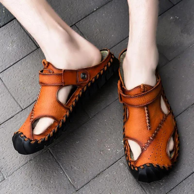 Fashion Male Slipper Slides Flat Genuine Leathe Beach Men's Shoe Rubber Clappers 2025 Y2k Fun Casual Comfortable Low Price Elegant Style