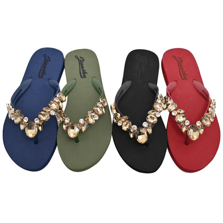 Summer New Women's Diamond Rhinestone Flip Flops Thick Heel Slope Follow Beach Slippers Comfortable Casual EVA Upper TPR Outsole