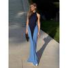 European and American style summer new women's clothing temperament sexy neck backless pleated contrasting color slim hip dress