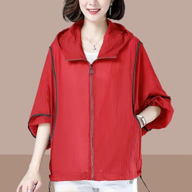 Sommer Dünne Kapuzen-Sonnenschutzkleidung Damenbekleidung Locker Langärmelig Atmungsaktiv Große Größe Oberteile Sonnenschutzkleidung