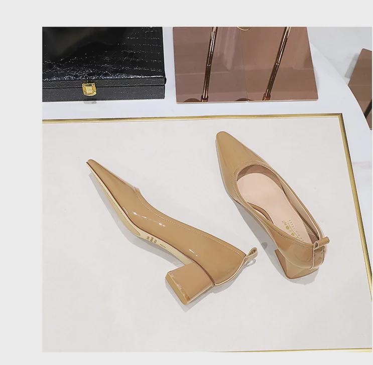 Korean Patent Leather Pointed-Toe Women's Shoes - Fashionable, Simple, Comfortable with Versatile Thick Medium Heel