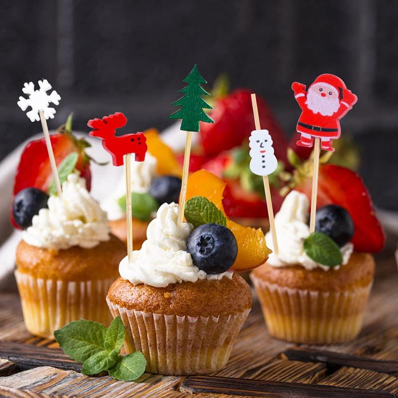 50/100Pcs Christmas Bamboo Skewer Cocktail Picks Cupcake Topper Disposable Food Dessert Toothpicks New Year Party Decor Supplies