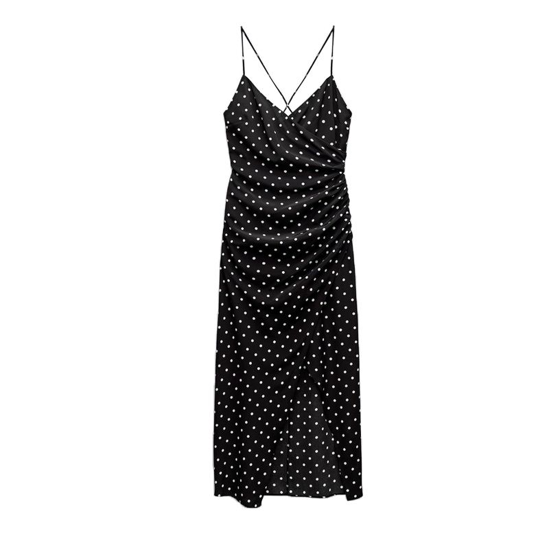 Spring New Arrival French Style V-neck Camisole Ruched Decorative Polka Dot Print Midi Skirt Dress 2976764