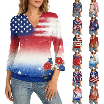 Damen 3/4-Ärmel Oberteil mit Bündchensaum, V-Ausschnitt, Sommerliches Freizeit-Shirt, Oberteil mit Aufdruck zum Unabhängigkeitstag
