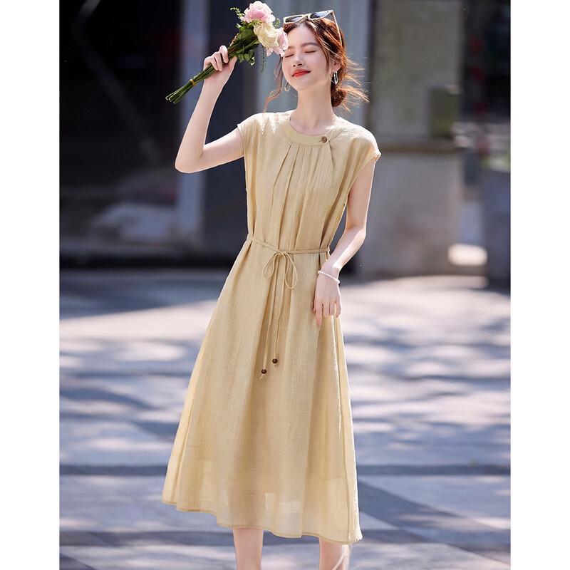 French Style Tie-Waist Lyocell A-Line Midi Dress M