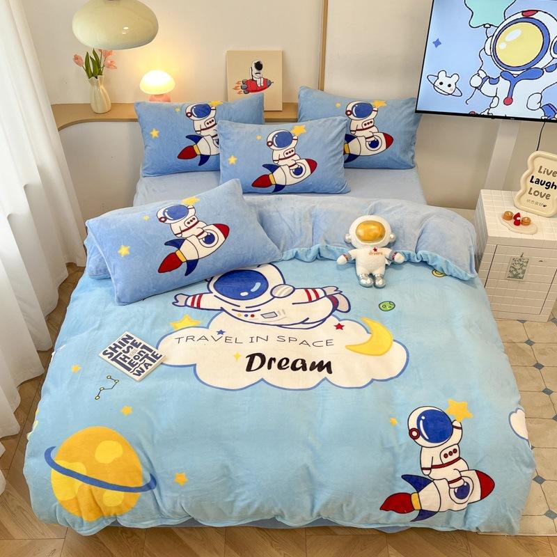 Thickened Milk Fleece Four-Piece Set, Fleece Astronaut Flange Coral Fleece Children'S Bed Sheet Quilt Cover Three-Piece Set Men