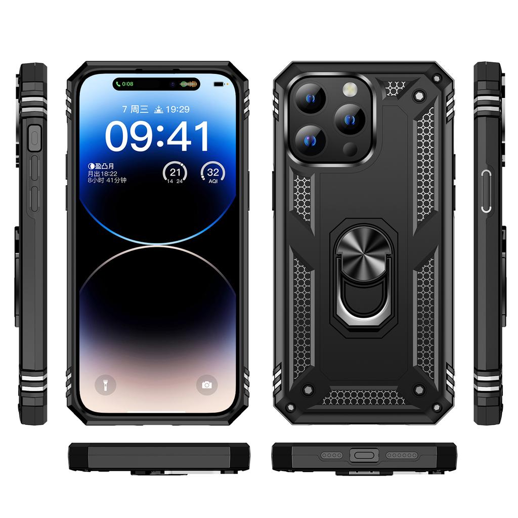 For iPhone 15 Pro Kickstand Phone Case PC+TPU Cover with Built-in Magnetic Holder Metal Sheet