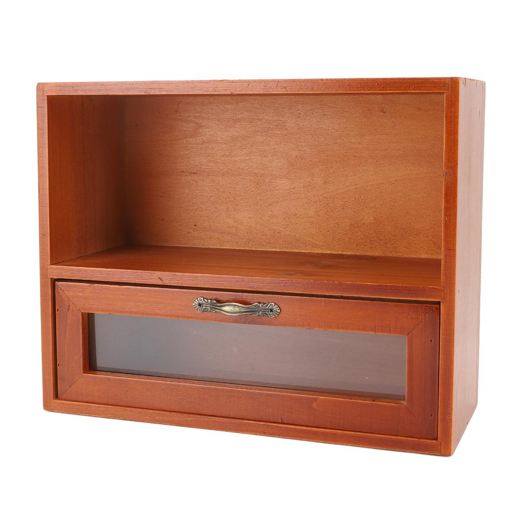 Organizzatore da Tavolo Vintage in Legno Massiccio Vetrina da Scrivania Scatola Portaoggetti con Cassetto Trasparente per