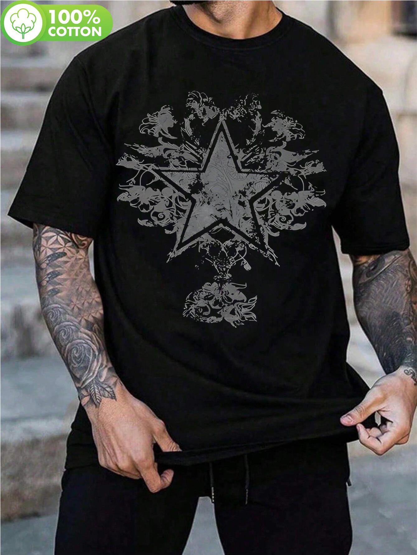 WoBlack Graphic Tshirt - Star Floral Print Short Sleeve Tee XXXXL