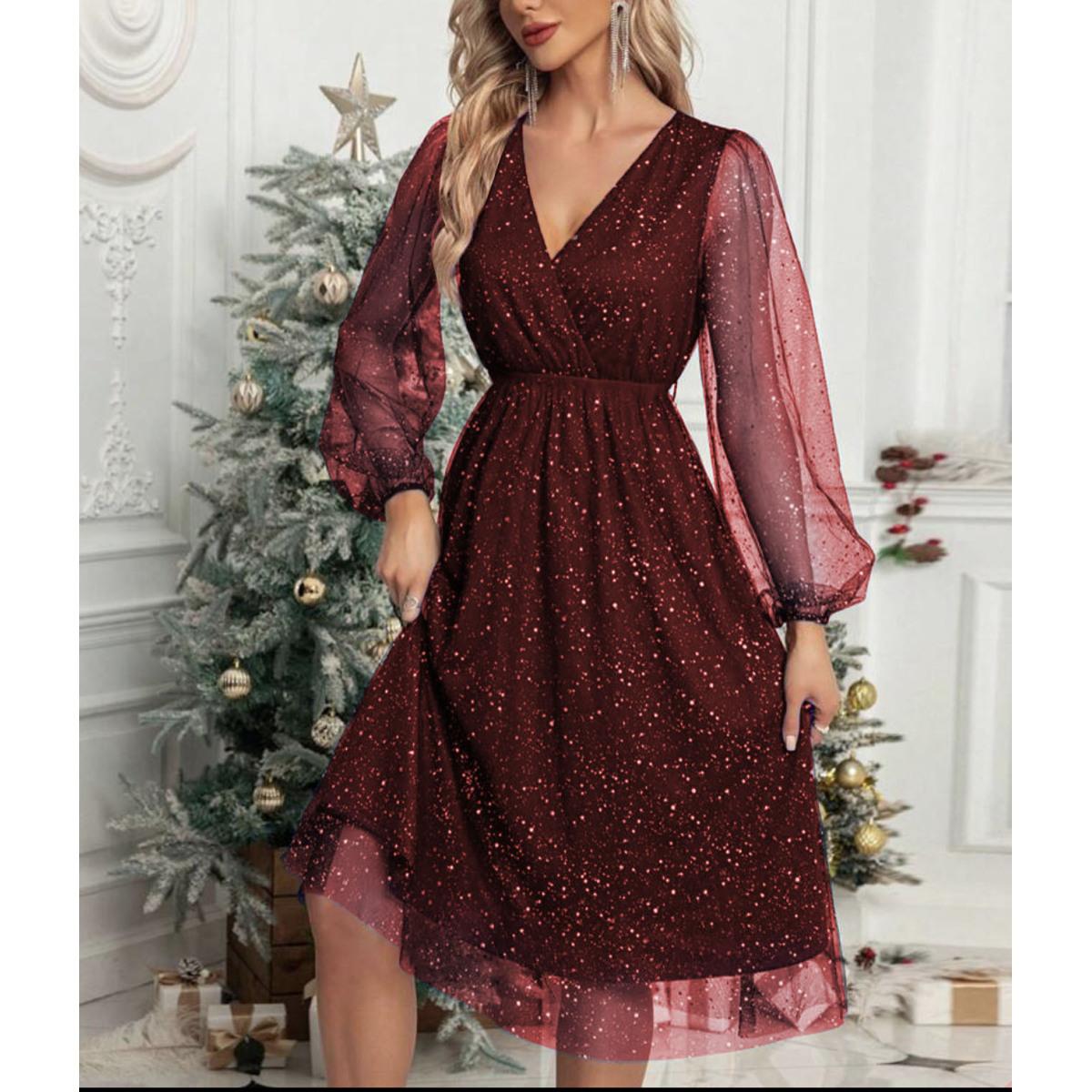 

Женское сетчатое платье с длинными рукавами и V-образным вырезом, элегантное, облегающее, однотонное, из сетки XL бордовый