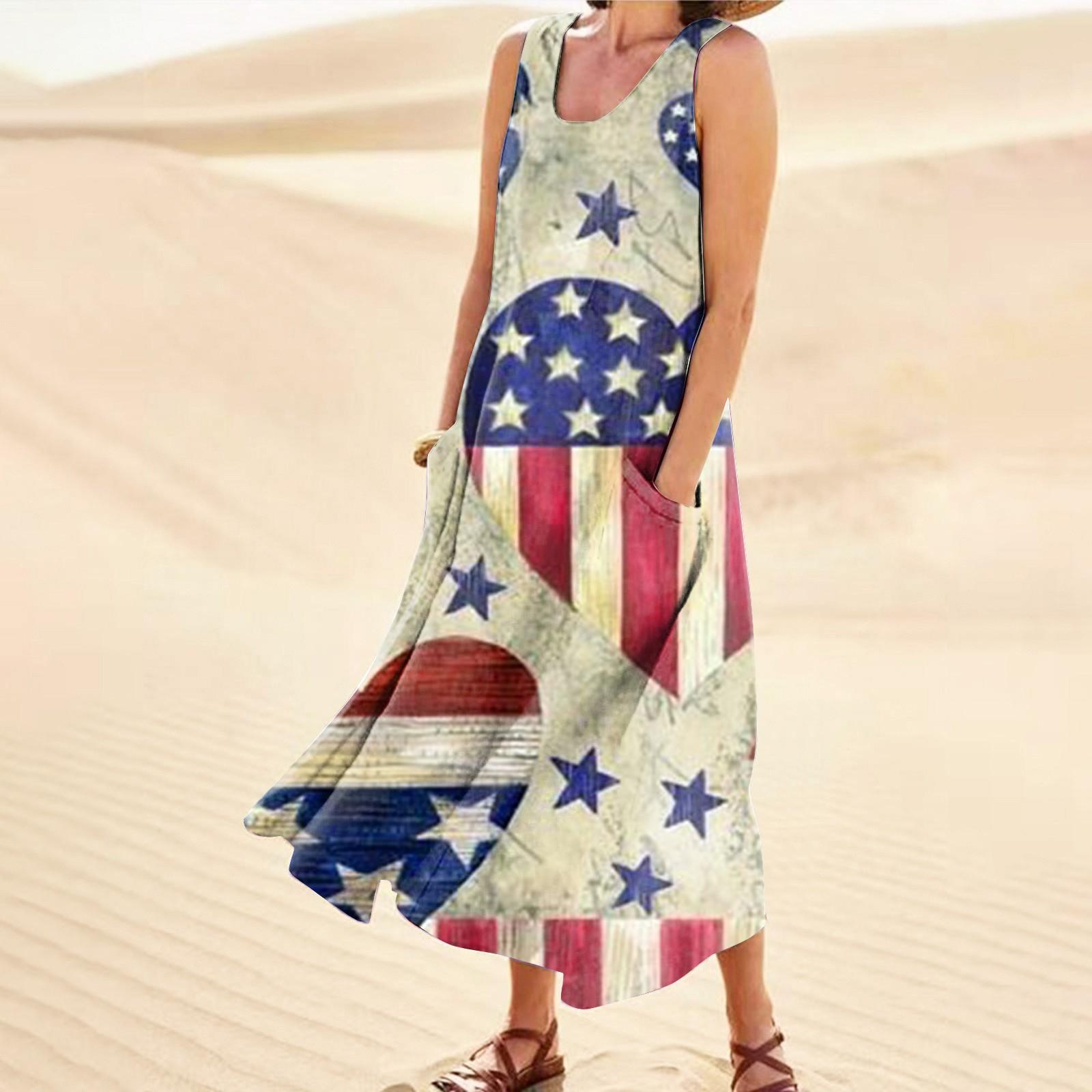 

Женское повседневное удобное хлопковое платье с карманами без рукавов и принтом ко Дню независимости XXL зелёный