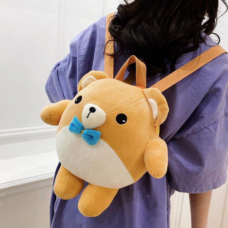Cute Yellow Plush Cartoon Bear Backpack Soft Velvet Material Zipper Closure Phone Pocket