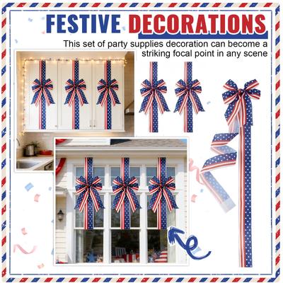 4th Of Cabinet Bows Set 6pcs Patriotic Ribbon Bows For Kitchen Door Long Star Striped Bowknots For Cupboard Wardrobe Decorations