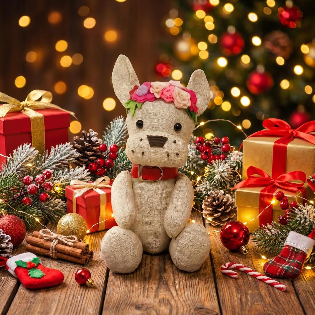 Christmas Linen Fabric French Bulldog Doll Ornament with Wreath - Exquisite Soft-Filled Puppy Figurine