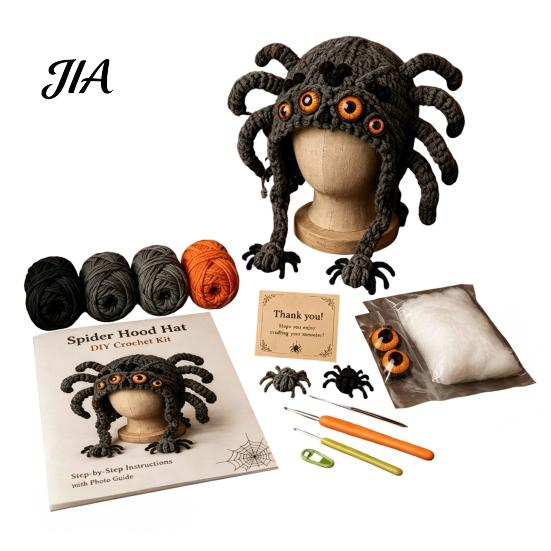Art Class Supplies Halloween Animal Hood Crochet Kit, Skull Spider Bat Hat DIY Fashionable Earflap Spooky Pumpkin Craft Kit for Adults Teens,