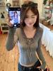 Women's Winter Chic Slim Fit V-Neck Gray Lace Tie-Up Cropped Top