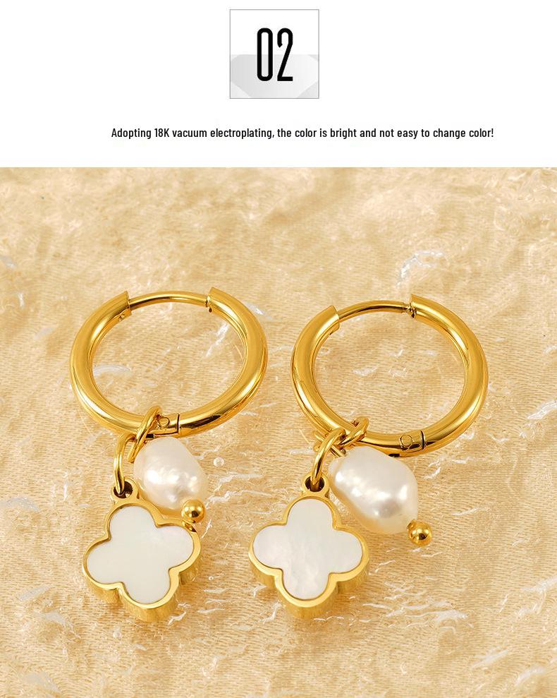 18K Gold-Plated Stainless Steel Clover Pearl Earrings - European & American Fashion for Women