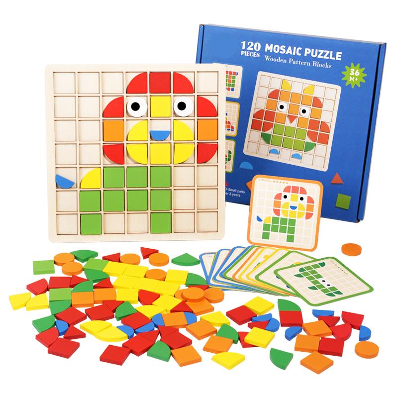 

Wooden Montessori 120pcs PuzzleToys Mosaic Color Shapes Sensory Game Early Educational Toy Jigsaw Pattern Blocks for Toddler s армия зеленый