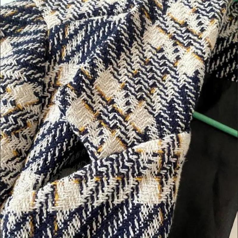 Winter Fashion Double Breasted Women Tweed Blazers And Jackets Blue Formal Plaid Clothes