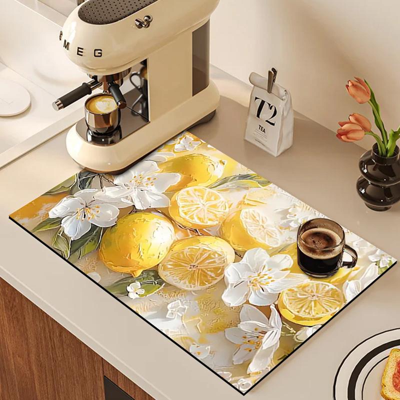 1Pcs Rubber Drying Mat With Lemon Floral For Coffee Shop Restaurant Kitchen Carpet Tableware Durable Diatom Mud Table Mat Pet Mat Coffeeware