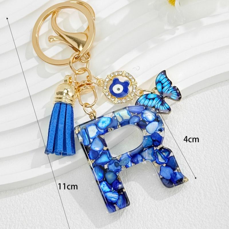 Fashion Blue Glazed Stone A To Z Letter Keychain 26 Initials Alphabet Butterfly Tassel Pendant Car Keyring Women Jewelry Gifts