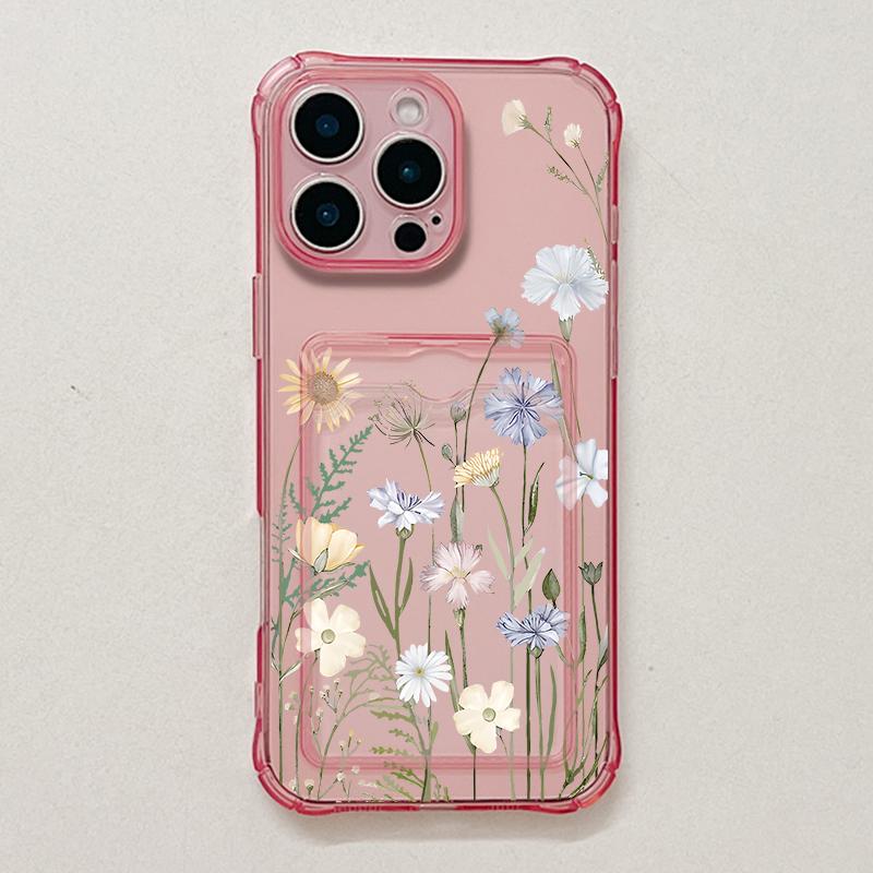 Flowers Print Card Slot Phone Case For iPhone Air 16e 17 16 15 Pro Max 14 13 Pro Max Shockproof Clear Soft Silicone Cover