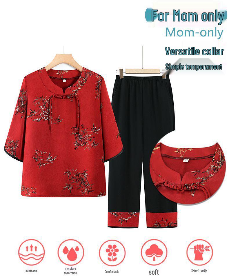 Chinese Style Summer Two-Piece Set: Short-Sleeved Outfit for Middle-Aged & Elderly Women