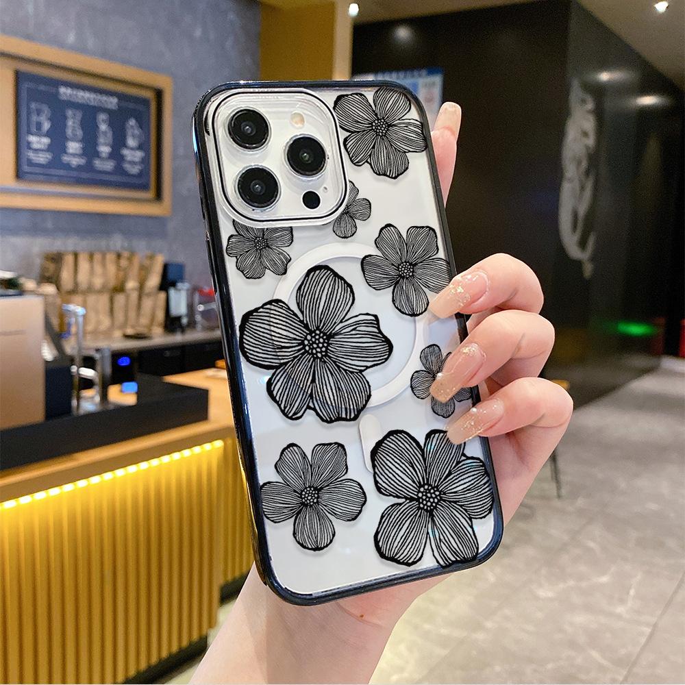 New Sketch Flower Iphone15 Magnetic Mobile Phone Case Transparent Apple 17promax Anti-drop High Value