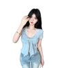 Stylish and Chic Design Lace Splicing V-neck Short-sleeved T-shirt Summer Foreign Style Slim-fitting Versatile Temperament Top Ins