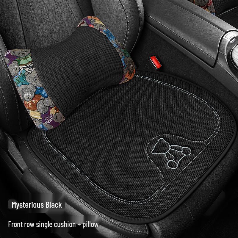 Four Seasons Universal Linen Car Seat Cushion - Cartoon Bear, Breathable, Half-Wrap Rear Seat Cover