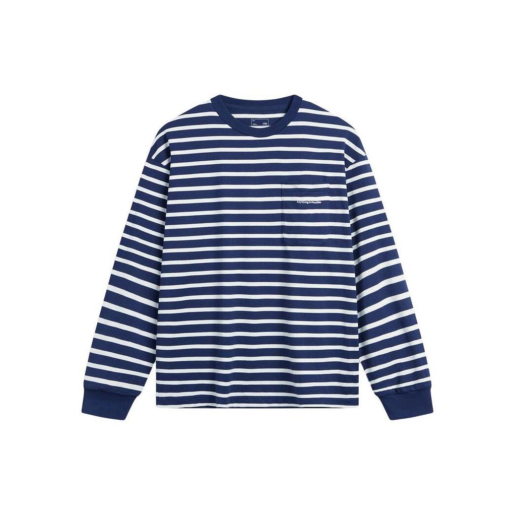 Li-Ning Weekend Youth All-Over Stripe Crew Neck Loose Long Sleeve T-Shirt Unisex Tops Deep-Navy AHSU717-2