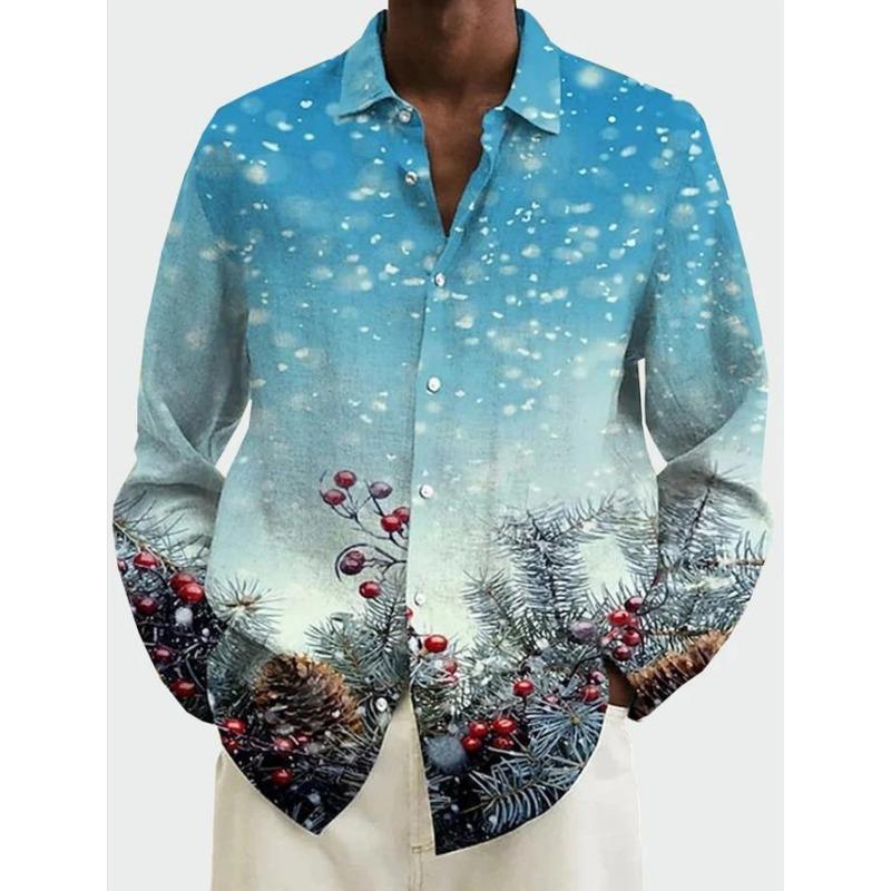 Man Christmas Scene Print Shirt Santa Claus Deer Lapel 3D Outdoor Long Sleeve Button-Up Print Fashion Designer Style