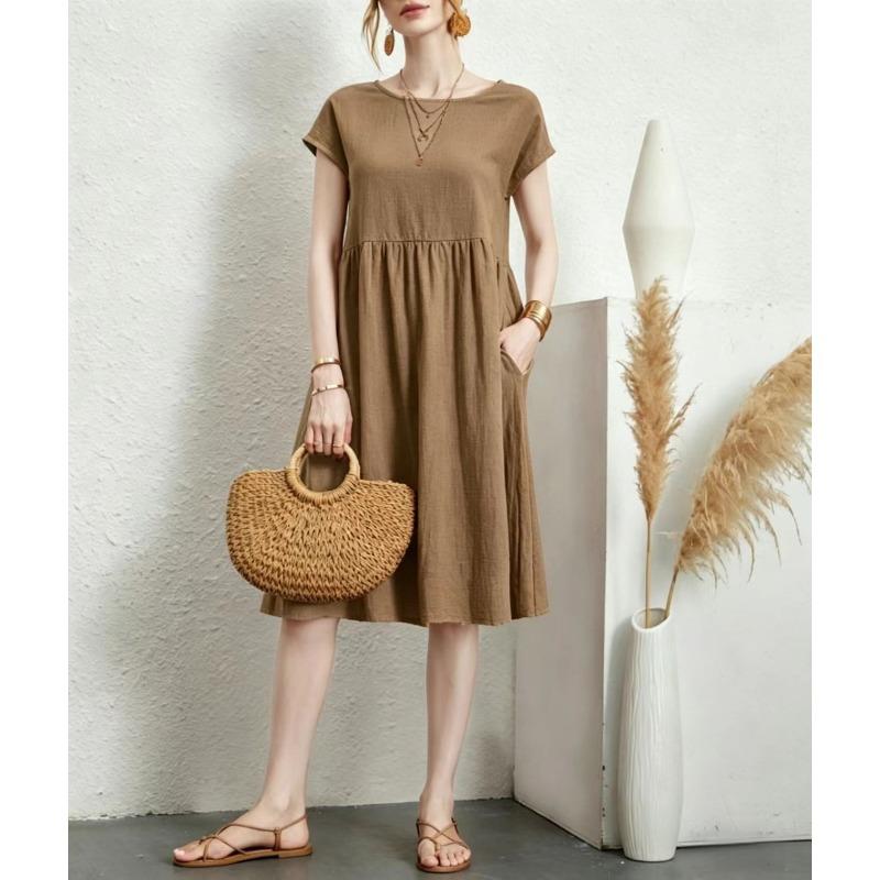 

European and American fashion summer OL temperament women s clothing cotton and linen round neck A-shaped skirt large size loose dress 5XL верблюд