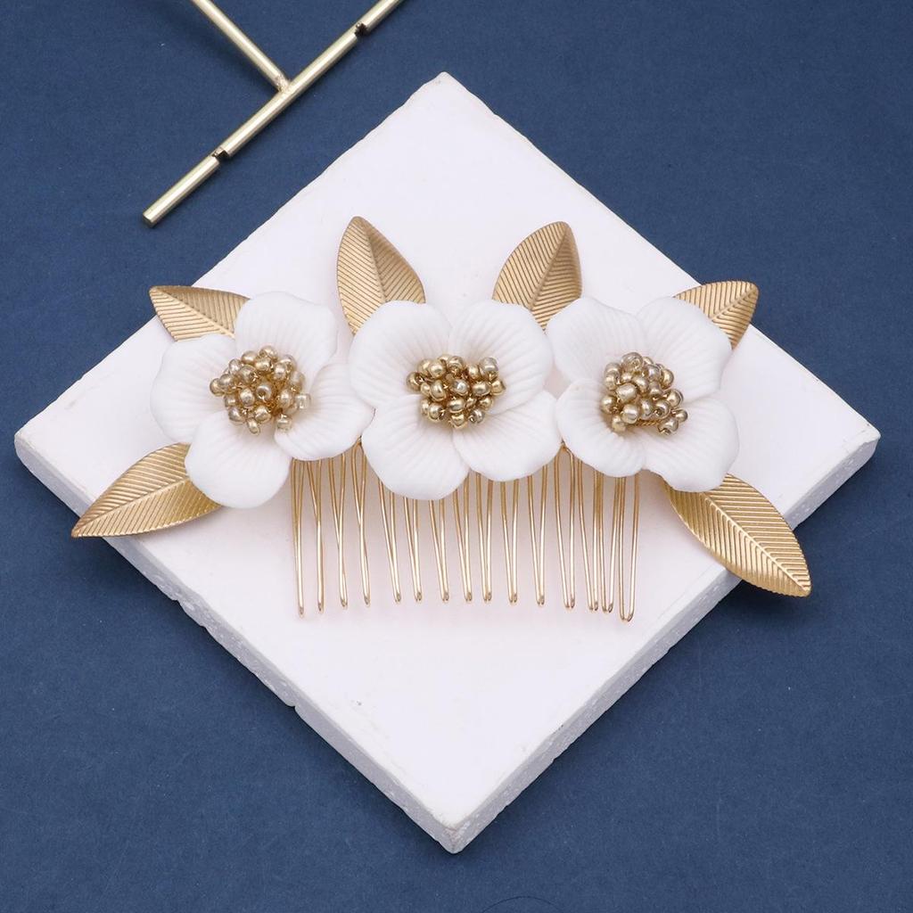 Alloy Leaf & Ceramic Magnolia Flower Hair Comb - Bridal Headdress Accessory