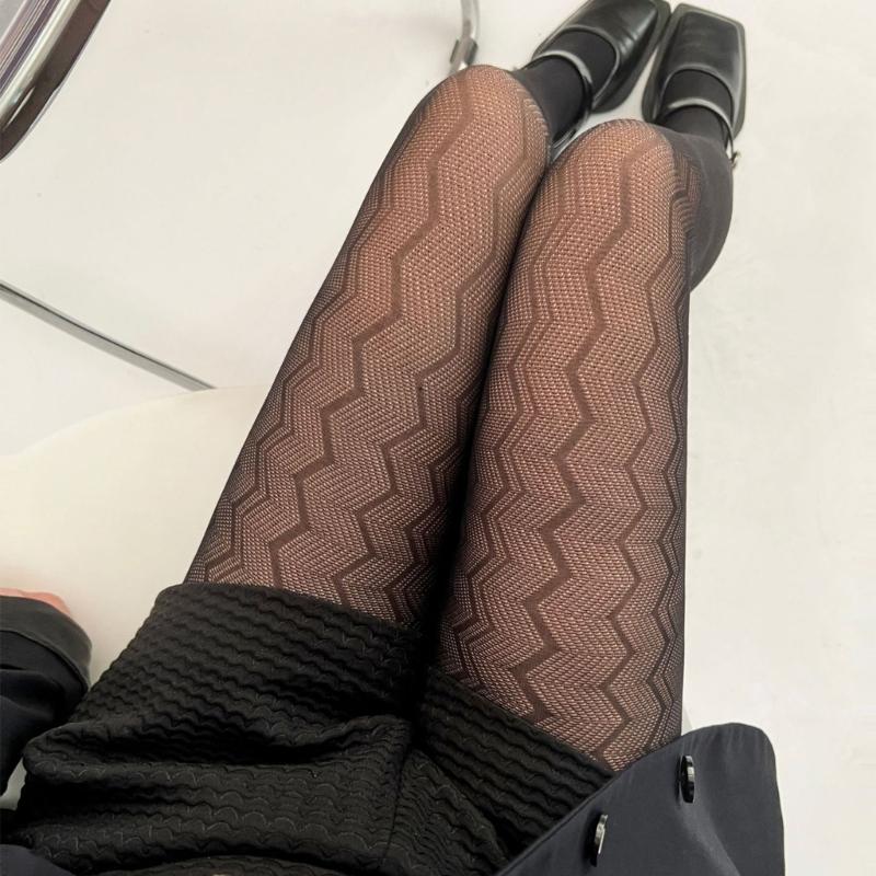 Women Sexy Sheer Tights Vertical Striped Jacquard Patterned Fishnet Stockings Hollow-Out Mesh Black Pantyhose Leggings