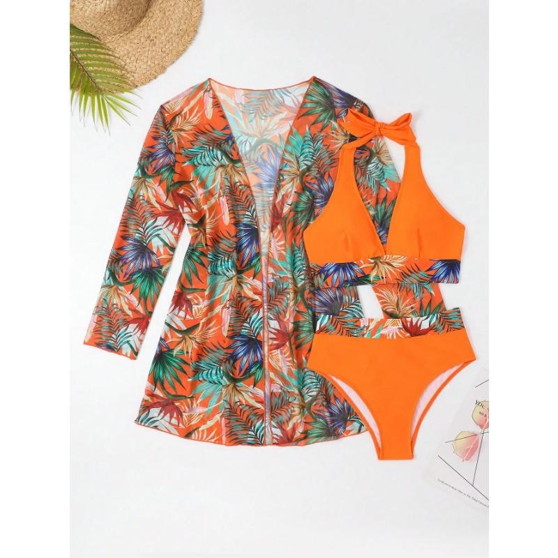 Neckholder Print Bikini Sets 3PCS Damen Badeanzug Mit Kimono Hohe Taille Bademode Weibliche Badegäste Baden Schwimmen Badeanzug Strandbekleidung
