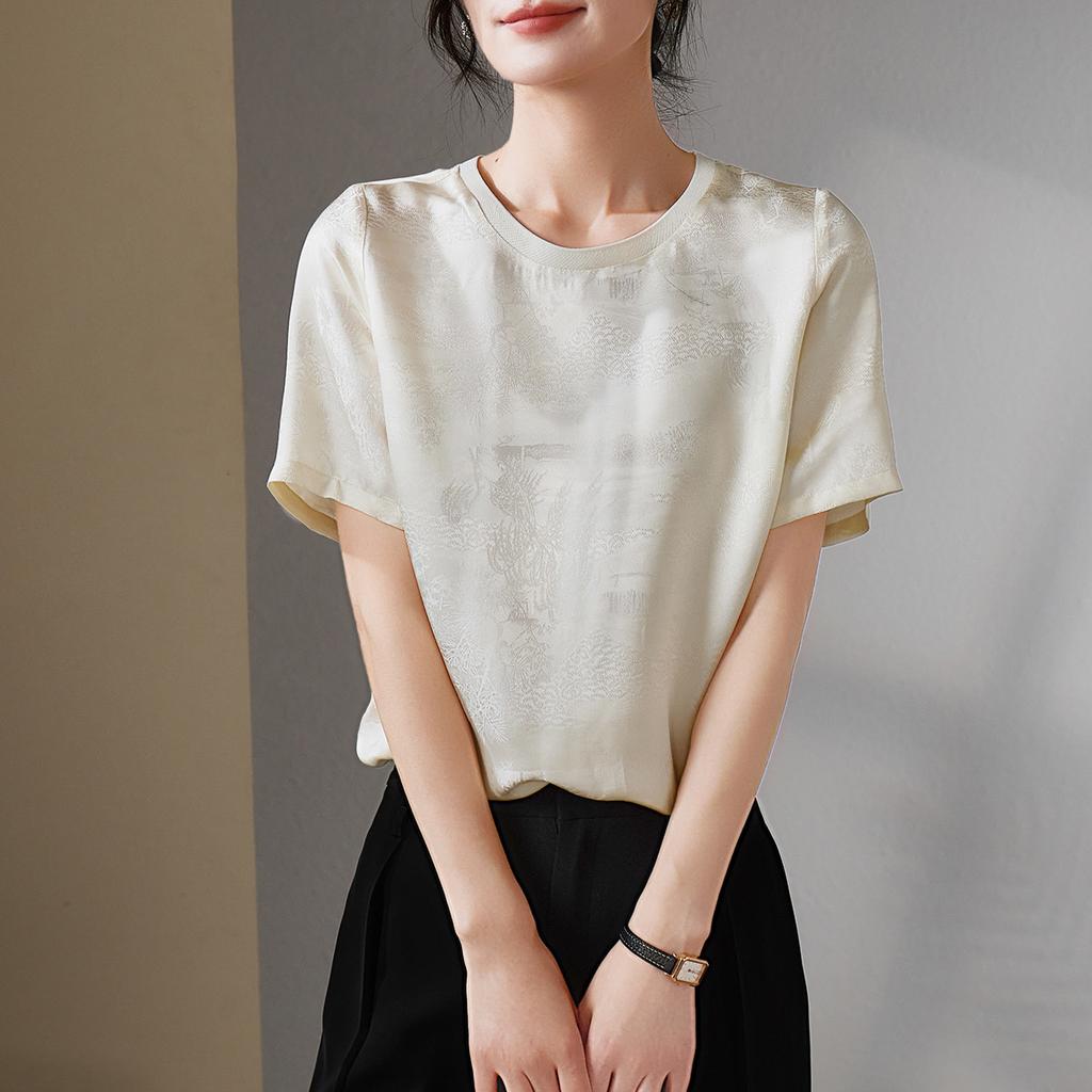 Round Neck Short Sleeved Mulberry Silk Shirt for Women, 2026 Summer Loose Commuting Versatile Pullover Top