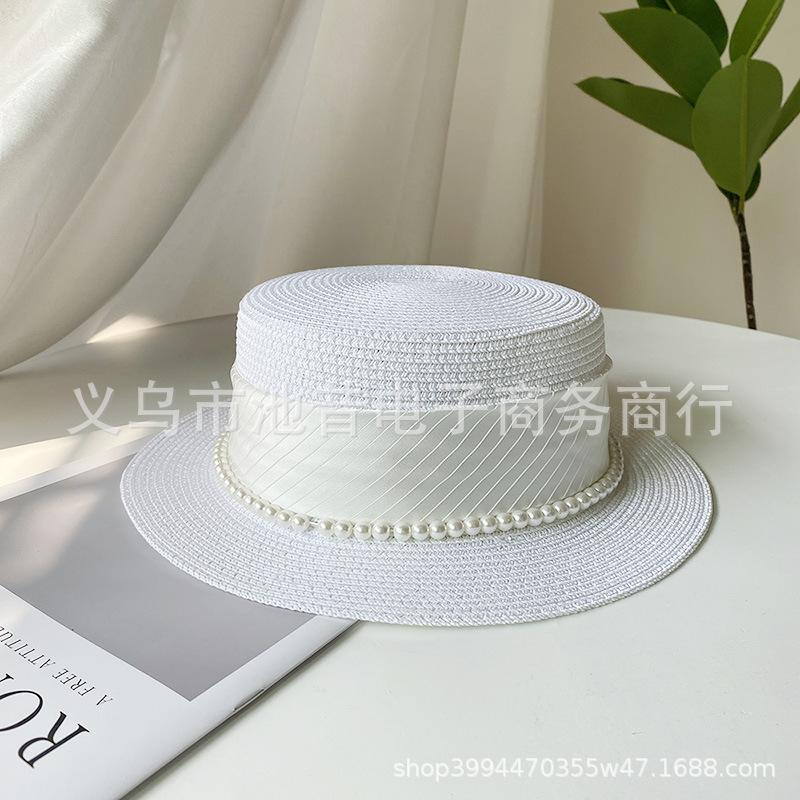 French celebrity style flat top top hat new summer elegant pearl straw seaside sun hat children