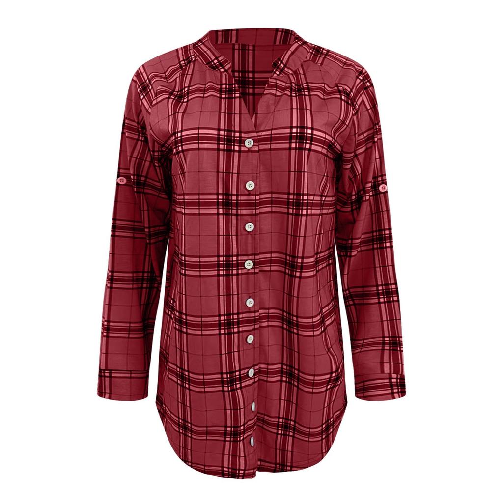 Women's Long Sleeve Plaid Shirt Dress V Neck Button Down Casual Loose Fit Tunic Top with Roll Tab Sleeves and Side Pockets for Autumn Winter