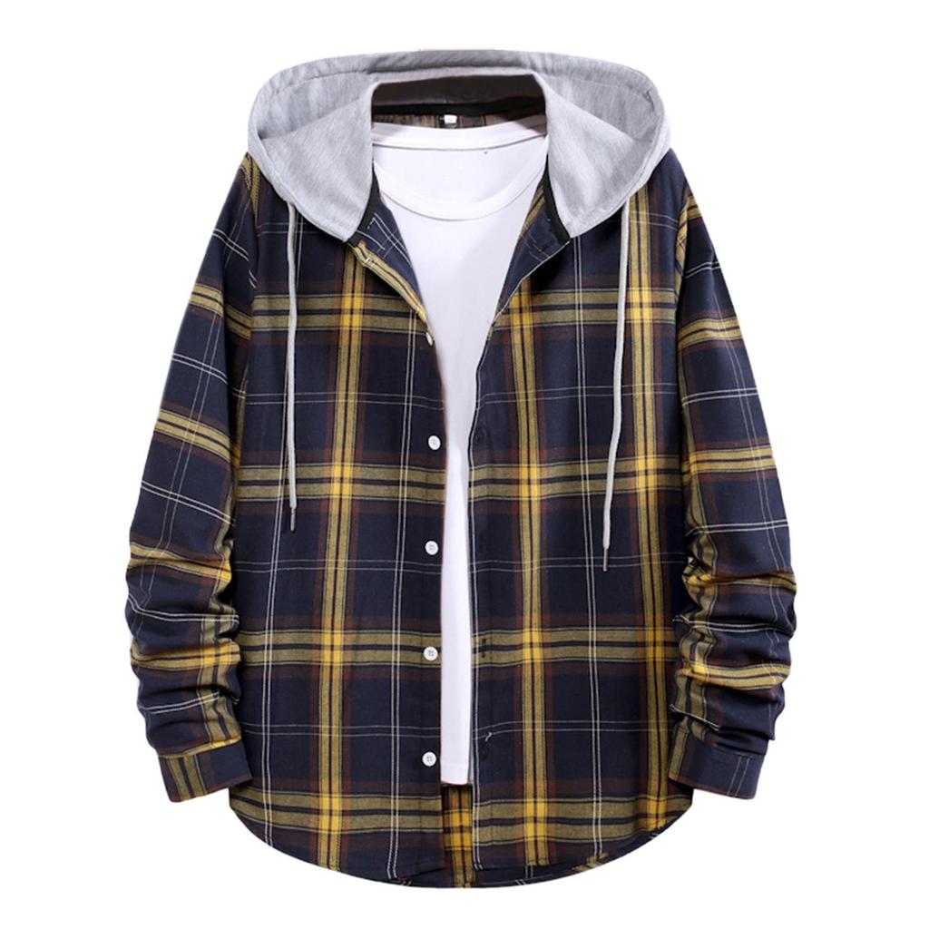Men Casual Plaid Shirt Hooded Shirts Oversized Casual Shirt Men's Clothes European American Style Handsome Holiday Checked Shirt