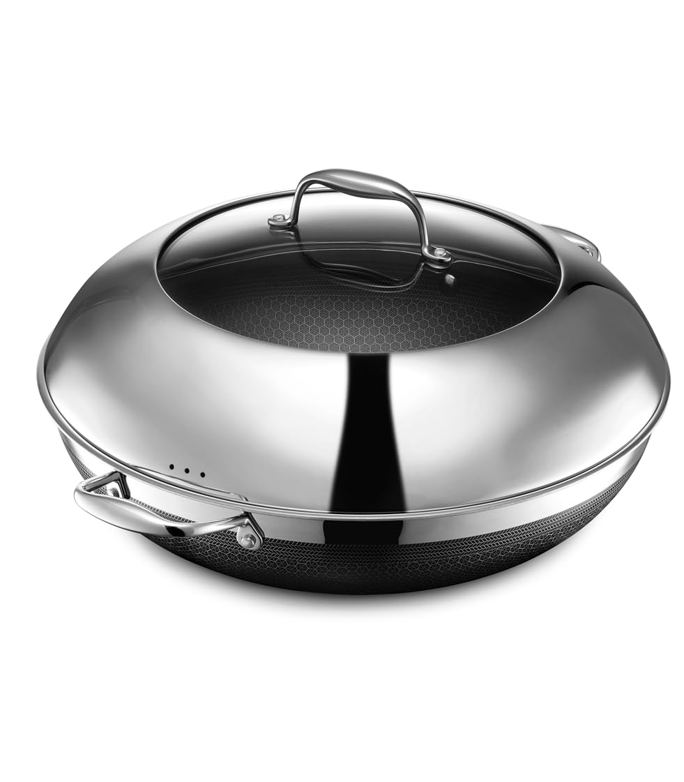 

HexClad Hybrid Nonstick Wok with Stainless Steel Insulated Dishwasher Oven Safe up to Induction Suitable for All Countertops 14 Lid, Handle, Safe,