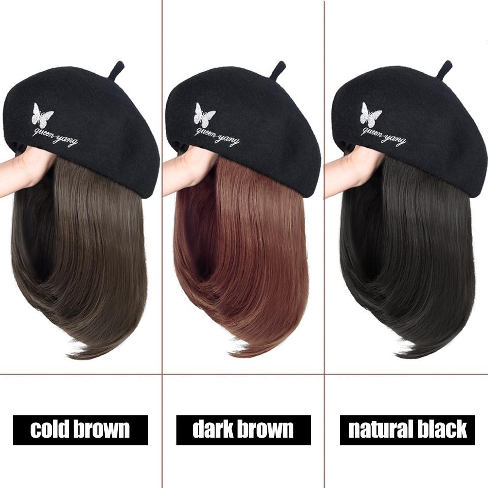 WTB Hat Wig Integrated Synthetic Wig Female Autumn And Winter Embroidery Butterfly Beret Clavicle Hair Straight Hair Hat Wig