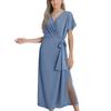Women's V Neck Wrap Dress Twisted Slit Pleated Waist Tie Short Sleeve Summer Midi Dresses