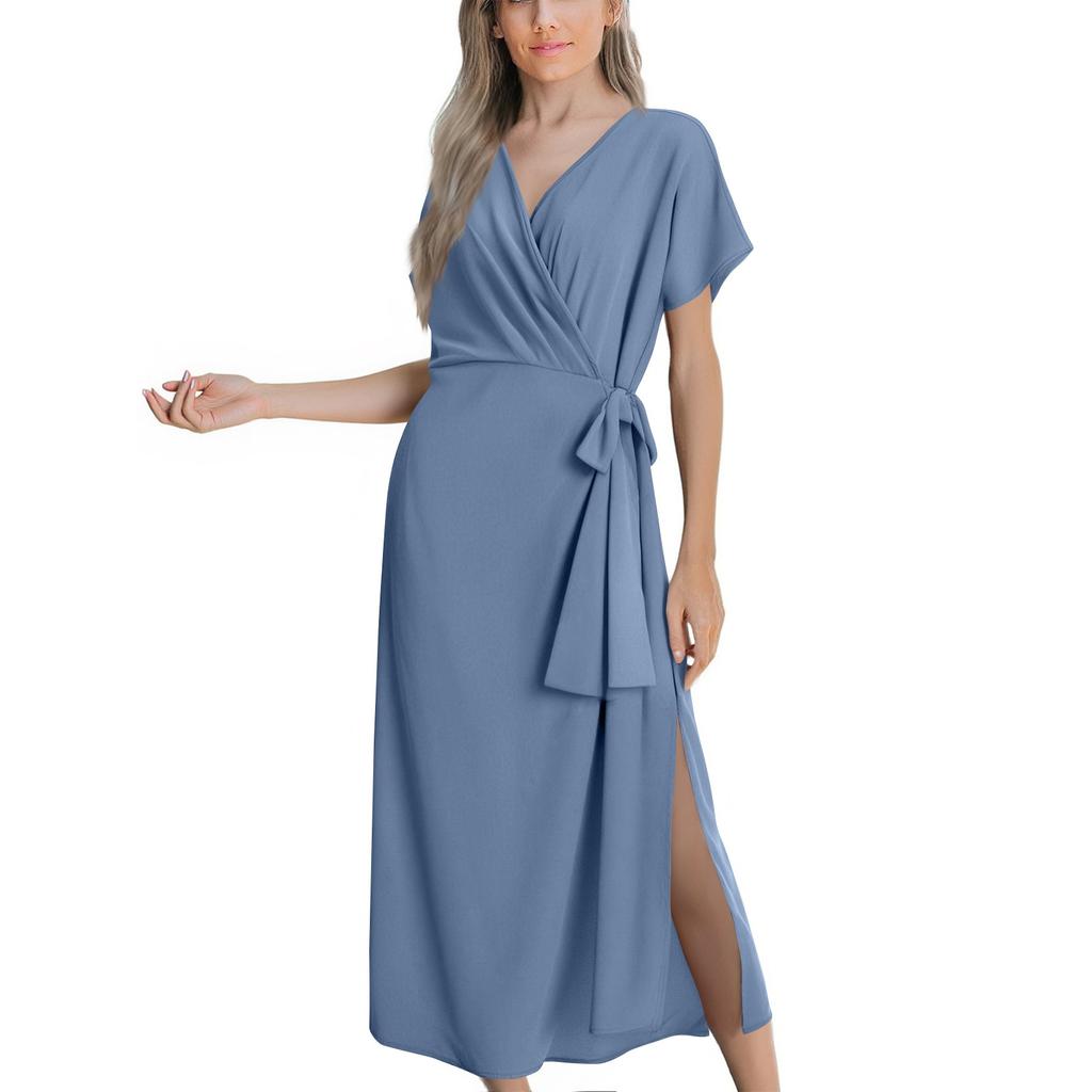 Women's V Neck Wrap Dress Twisted Slit Pleated Waist Tie Short Sleeve Summer Midi Dresses
