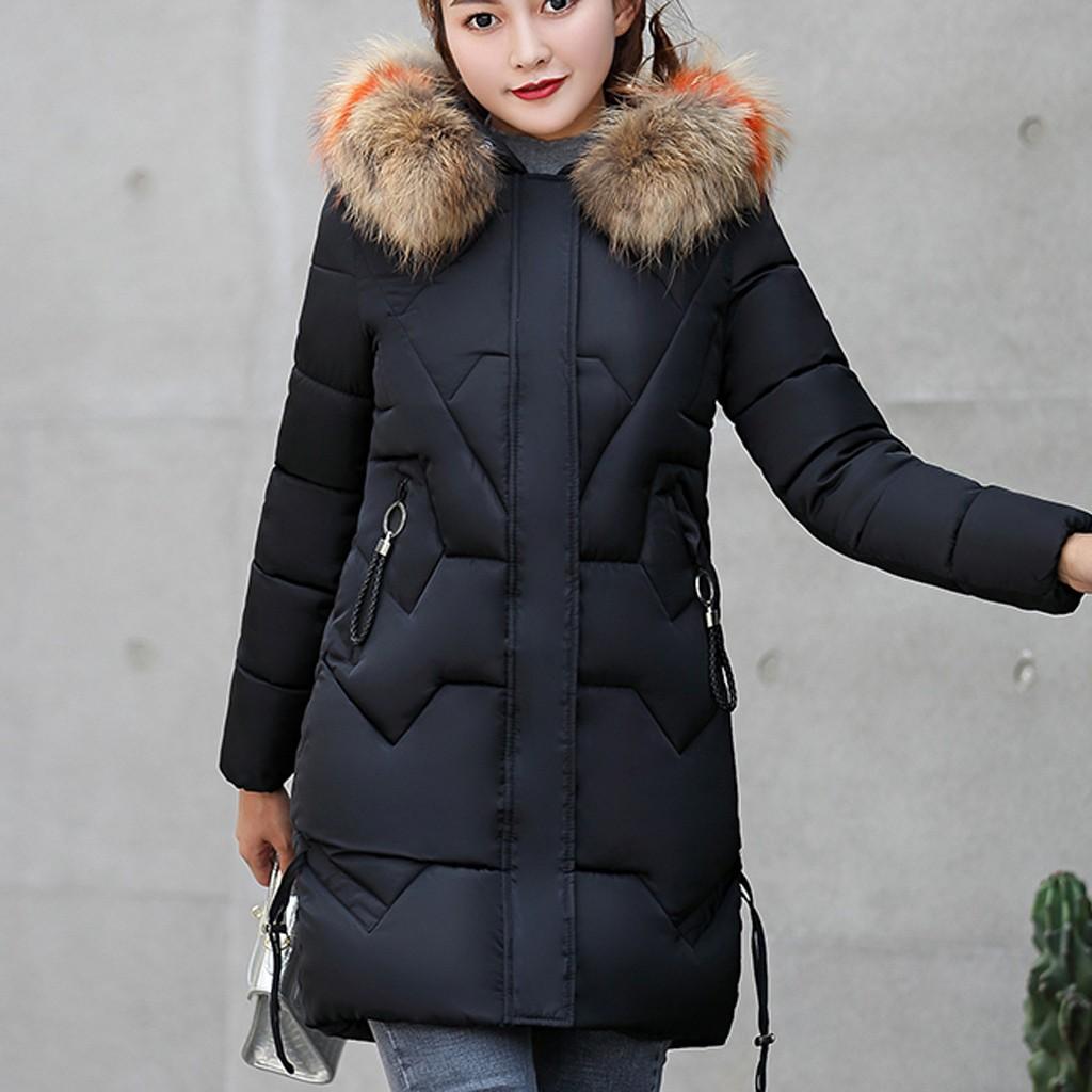 Women's Fashion Big Hair Collar Slim Waist Long Down Cotton Jacket Cotton Coat